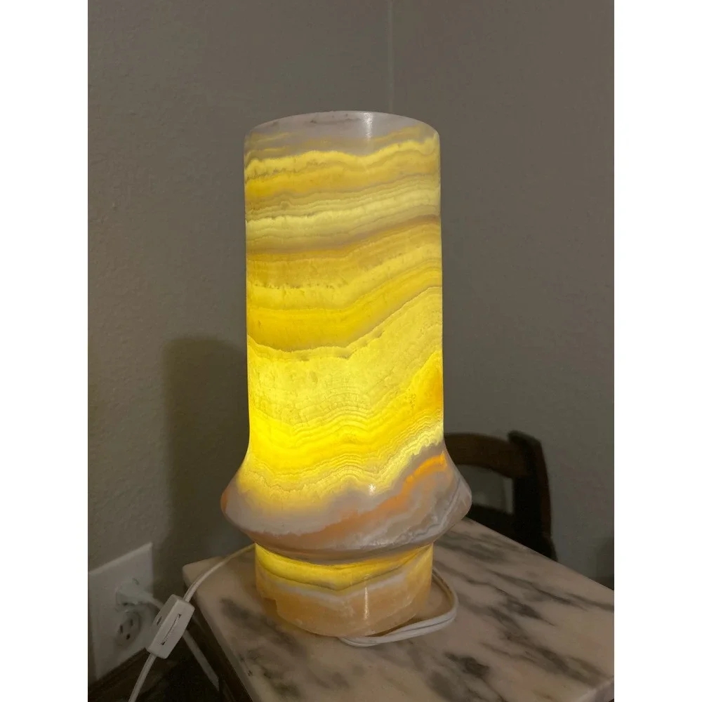 Vintage Natural Banded Onyx Cylinder Table Lamp Amber Stone 12in‎ Good Condition